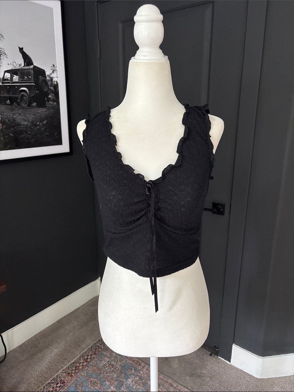JOHN GALT BRANDY MELVILLE Black Ruffled Tie-Front Crop Tank Top